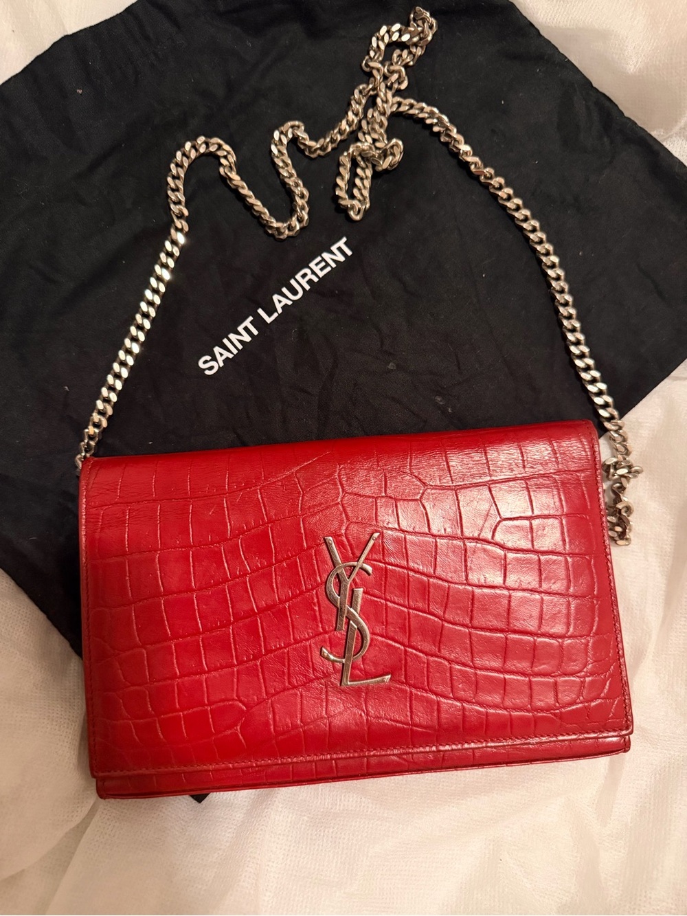 Saint Laurent Red Croc-Embossed Chain Crossbody